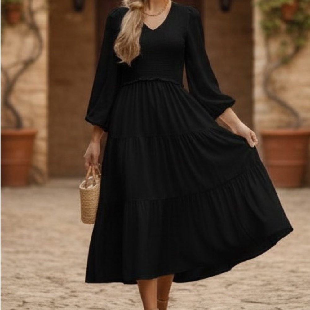 Bohme Black Tencel Smocked Tiered Long Sleeve V-Neck MIDI‎ Dress